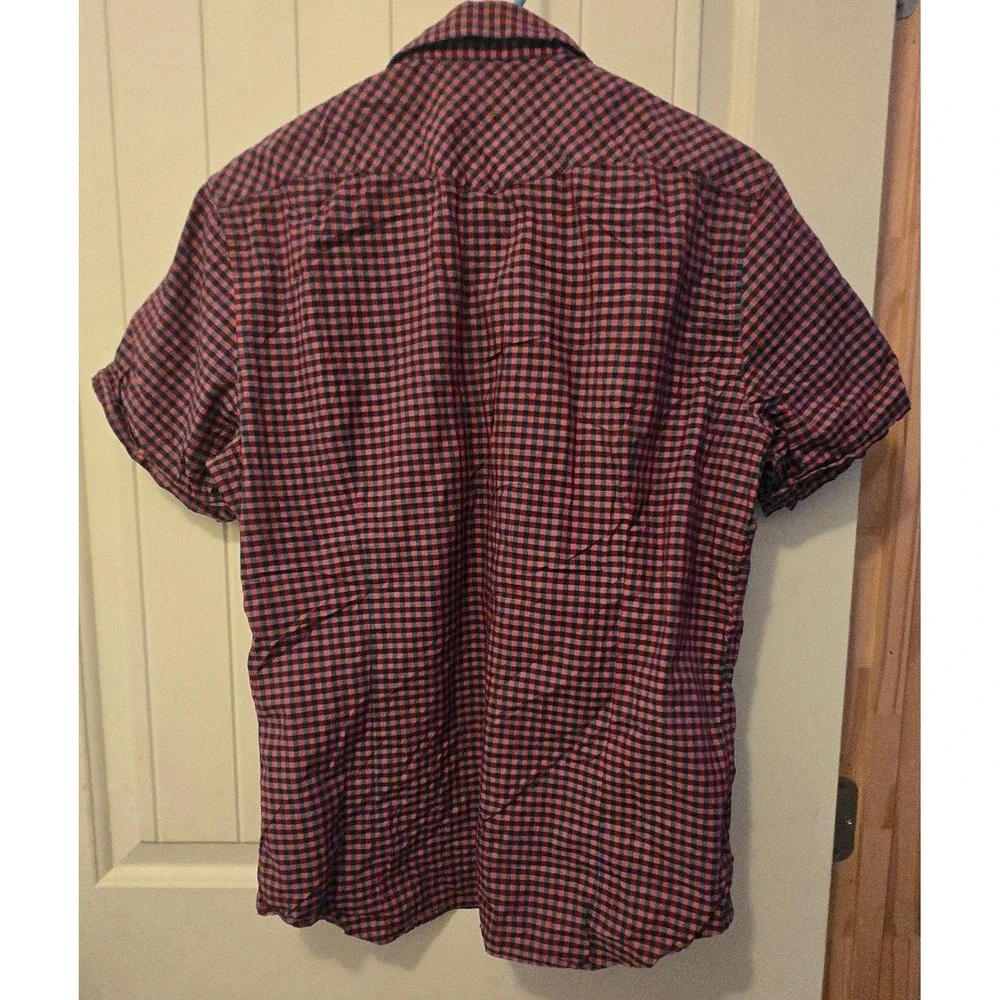 Banana Republic Mens M Pearl Snap Western Shirt Red Blue Check Short Sleeve
